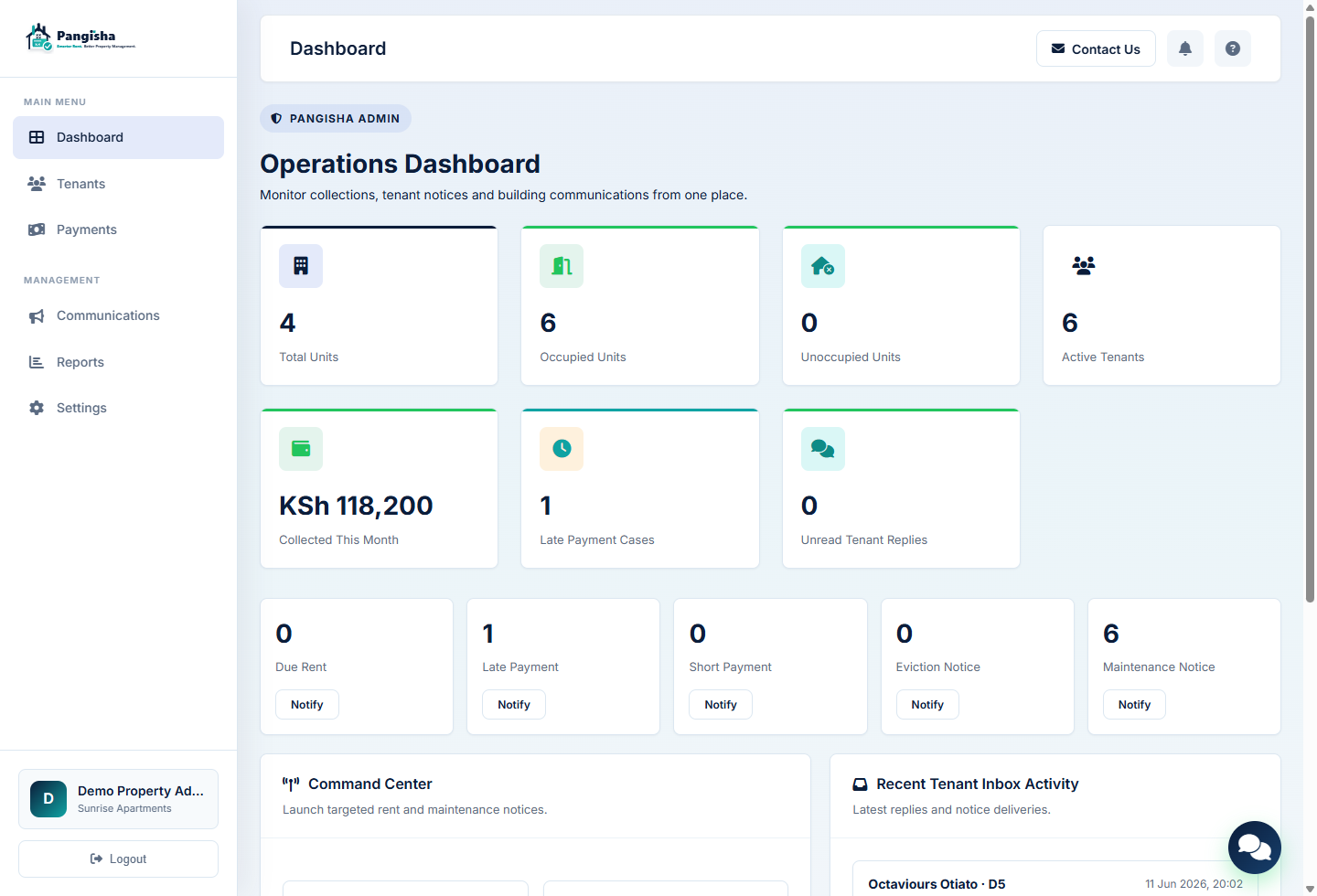 Pangisha admin dashboard showing rent collections and tenant notices