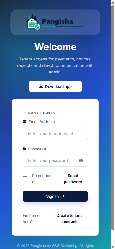 Pangisha tenant app login view with download app button