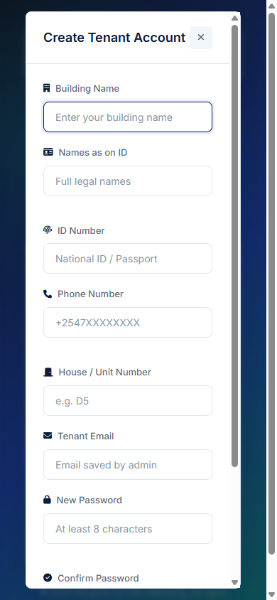 Pangisha tenant app signup view with building name and ID validation fields