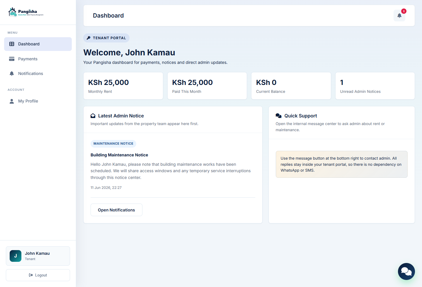 Pangisha tenant portal with rent payment and messages